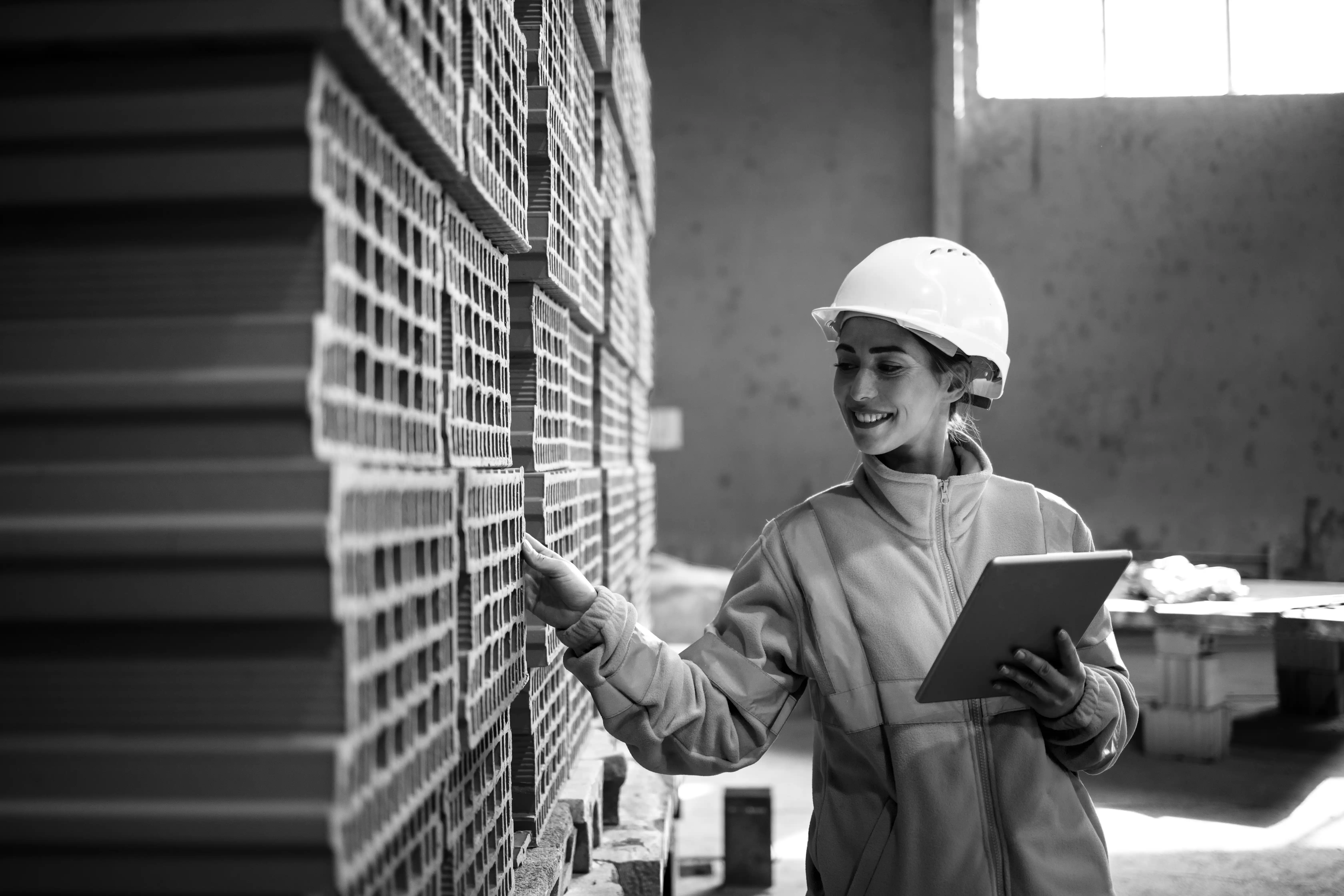 TM Capital Group Approach working with construction company, stack of bricks with woman inspecting